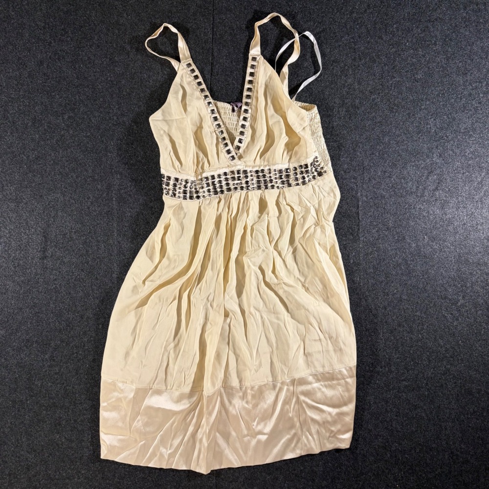 Hale Bob Studded Babydoll Dress Womens Small Cream Silk Blend Y2K Boho Rocker